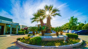 A landscaped area with palm trees and a circular garden bed, surrounded by a paved walkway. - Karya Family Resort – All inclusive (Menderes)