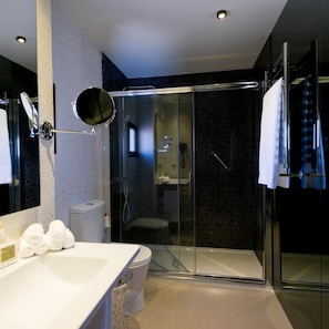 A modern bathroom with a glass shower enclosure, a white sink, and a toilet.