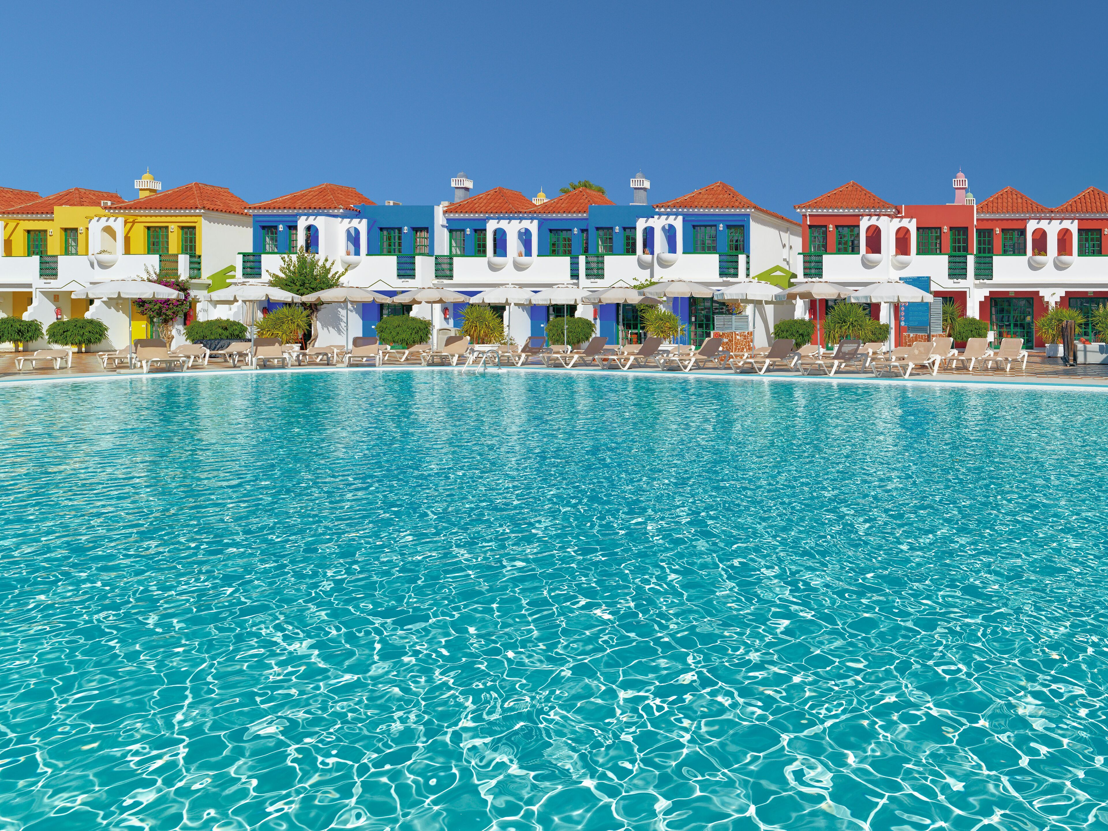 Outdoor pool, pool umbrellas, pool loungers