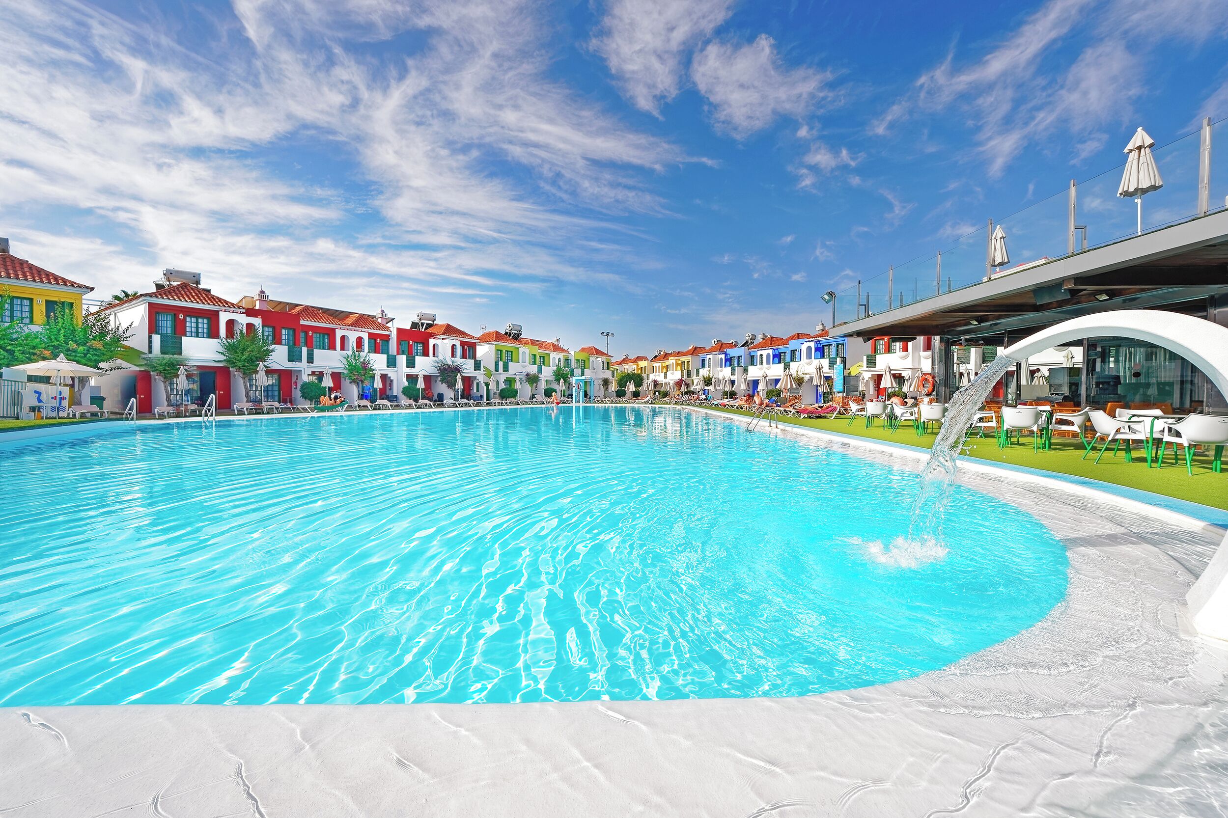 Outdoor pool, pool umbrellas, pool loungers