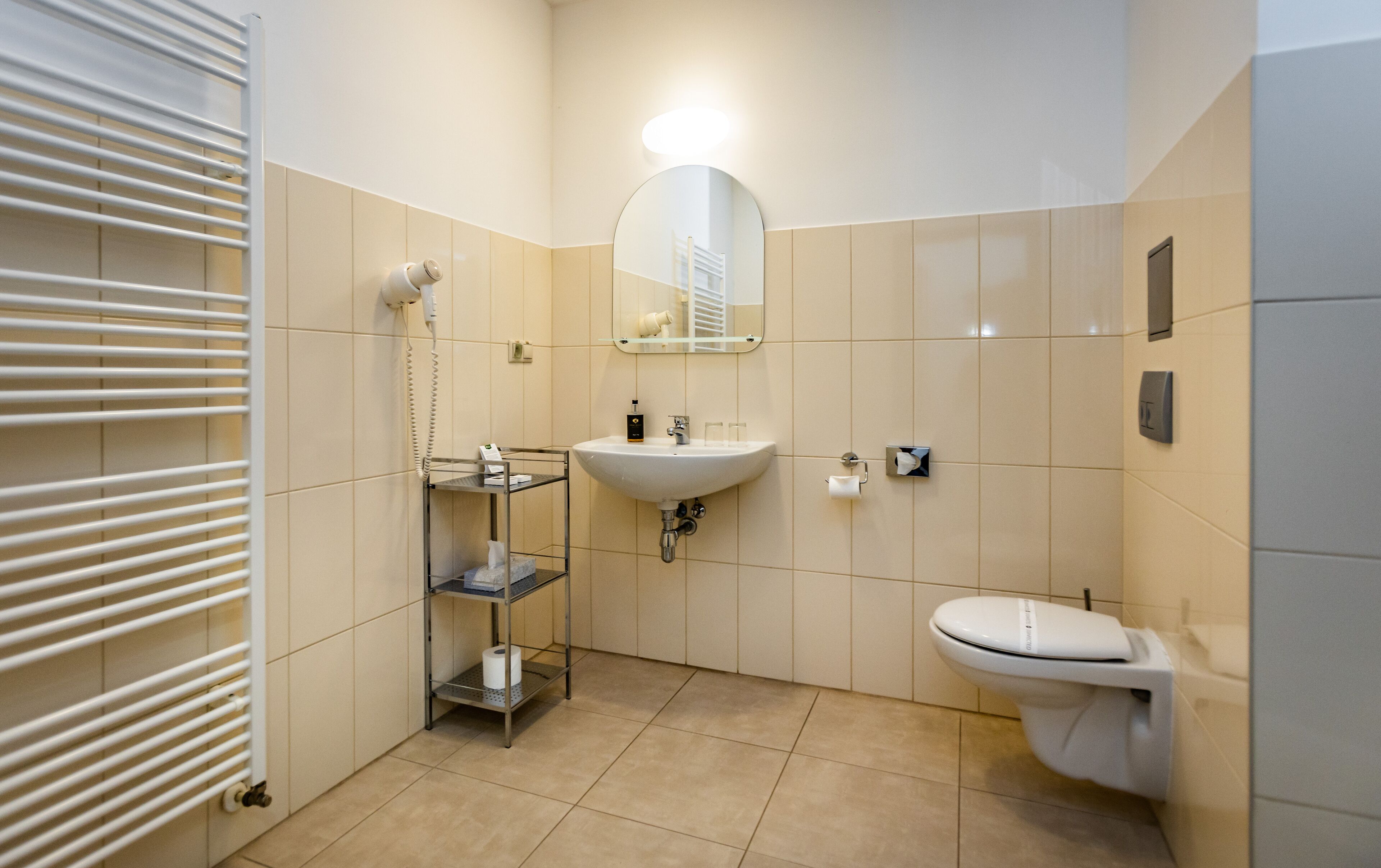 A bathroom with a white sink, mirror, toilet, and a towel rack.