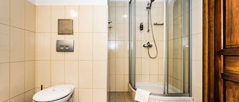 A modern bathroom with a glass-enclosed shower, a toilet, and a wooden door.