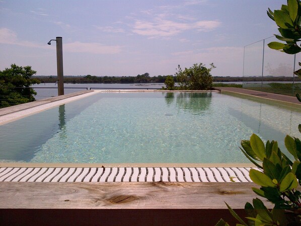 Seasonal outdoor pool, sun loungers