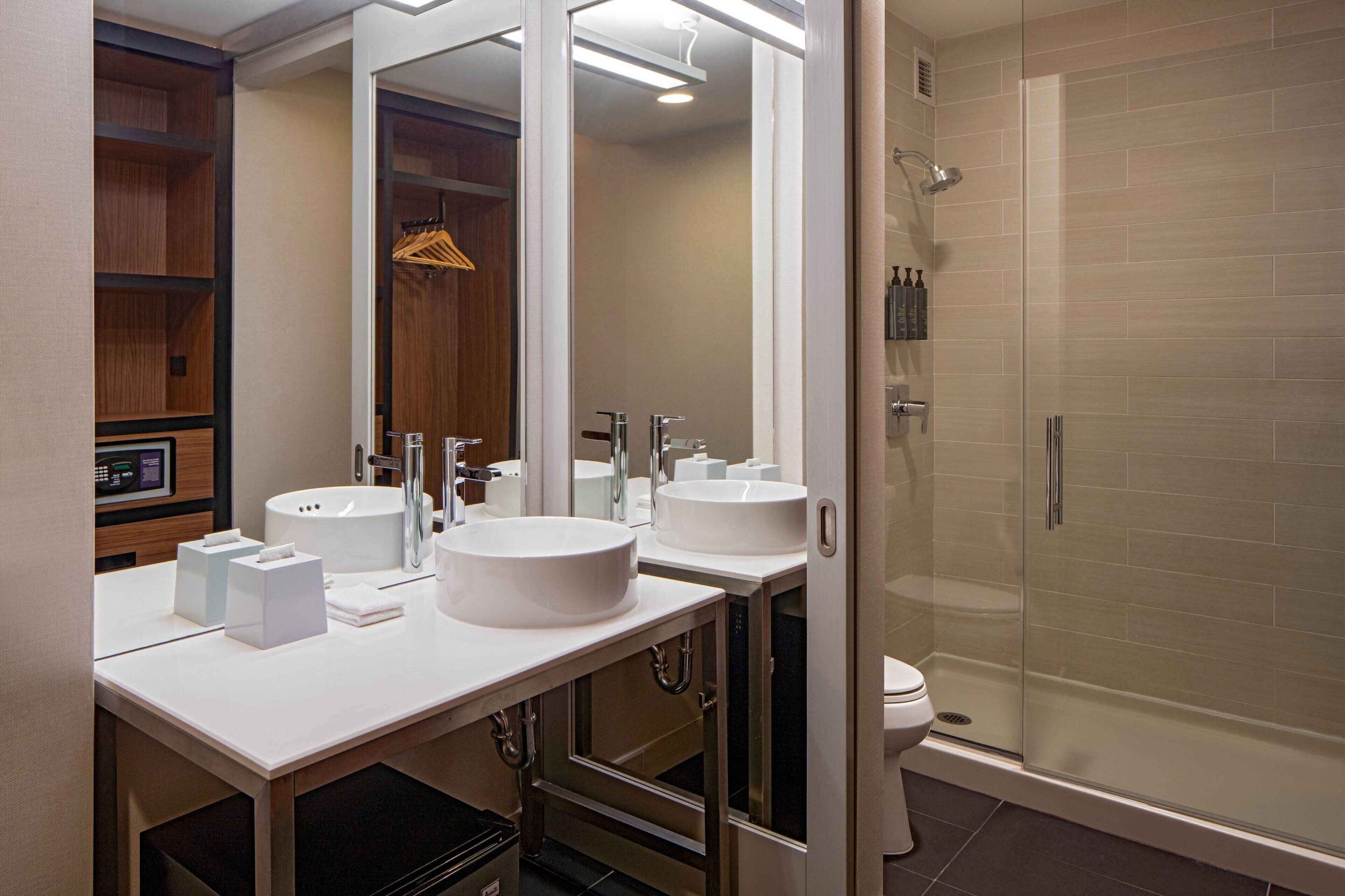 aloft, room, 2 queen beds | bathroom | shower, free toiletries, hair dryer, towels