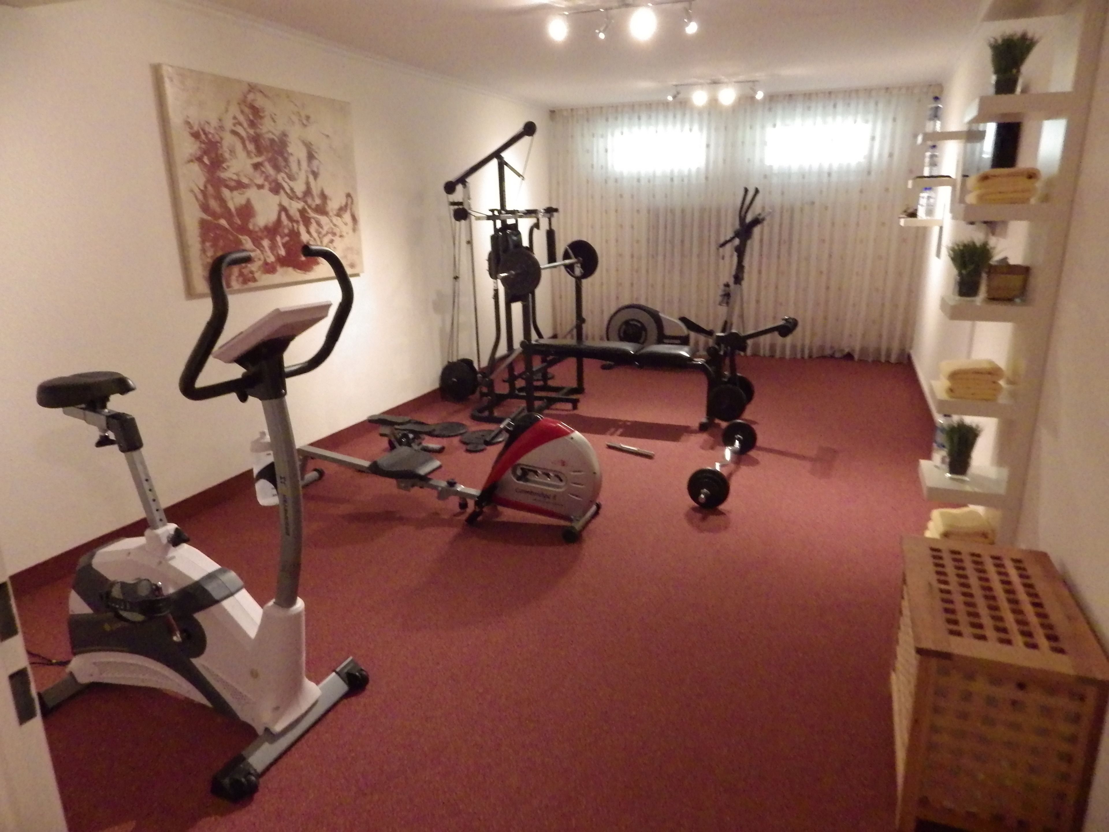A home gym with exercise equipment including a stationary bike, a treadmill, and a weight bench.