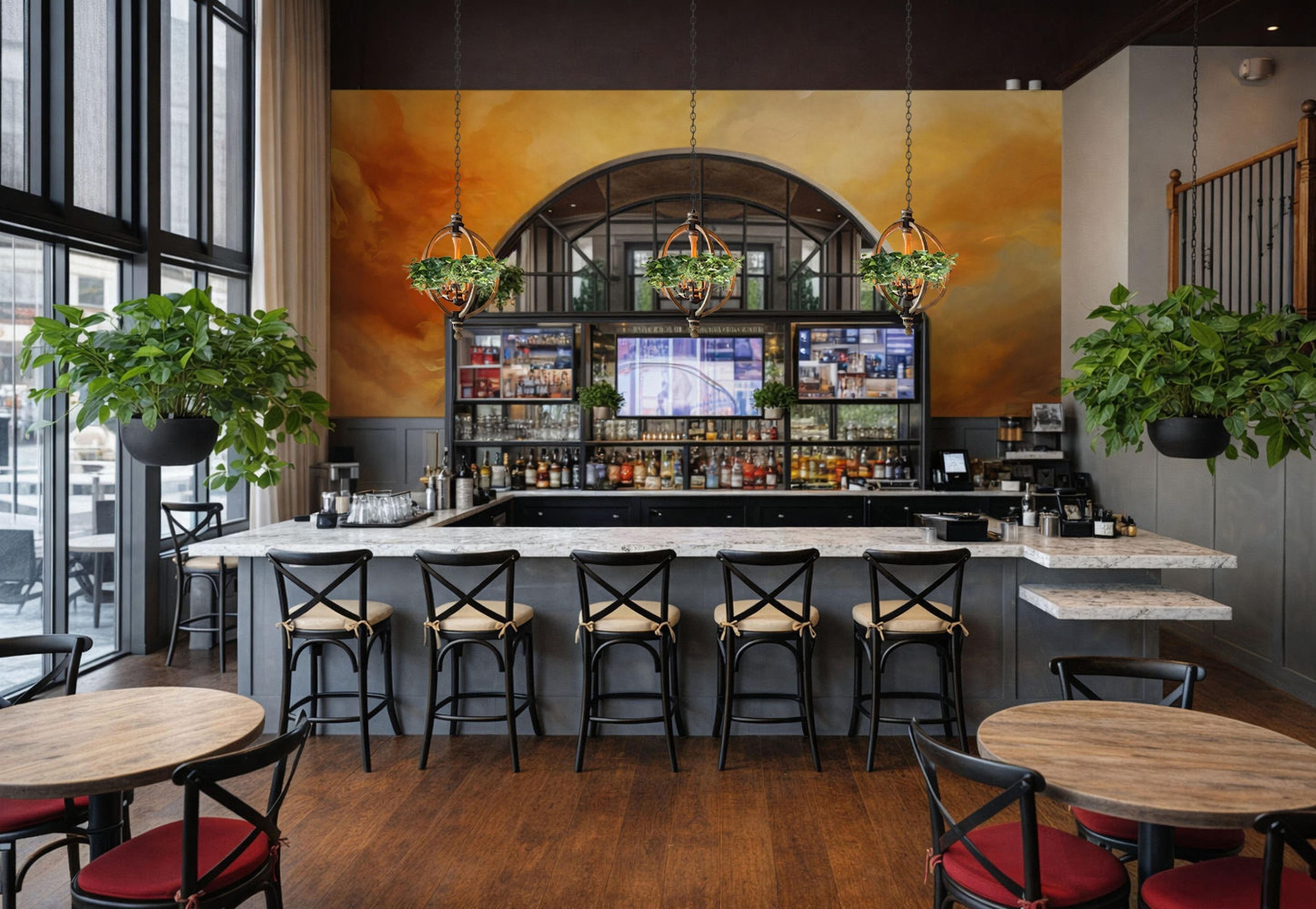 Zona de bar con mostrador, taburetes, plantas colgantes y una pantalla de televisión.