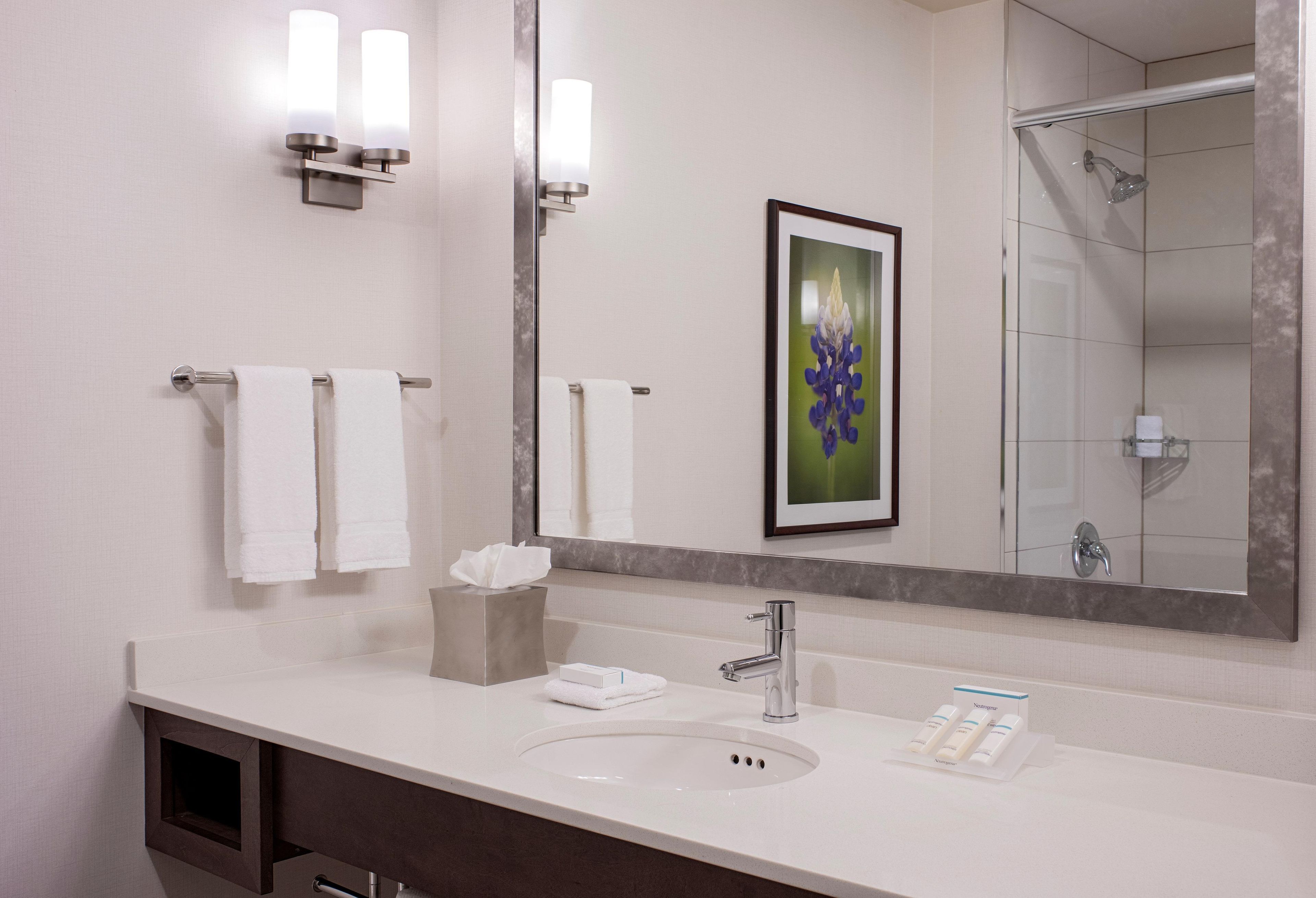 A modern bathroom with a white sink, a large mirror, and a framed artwork of flowers.