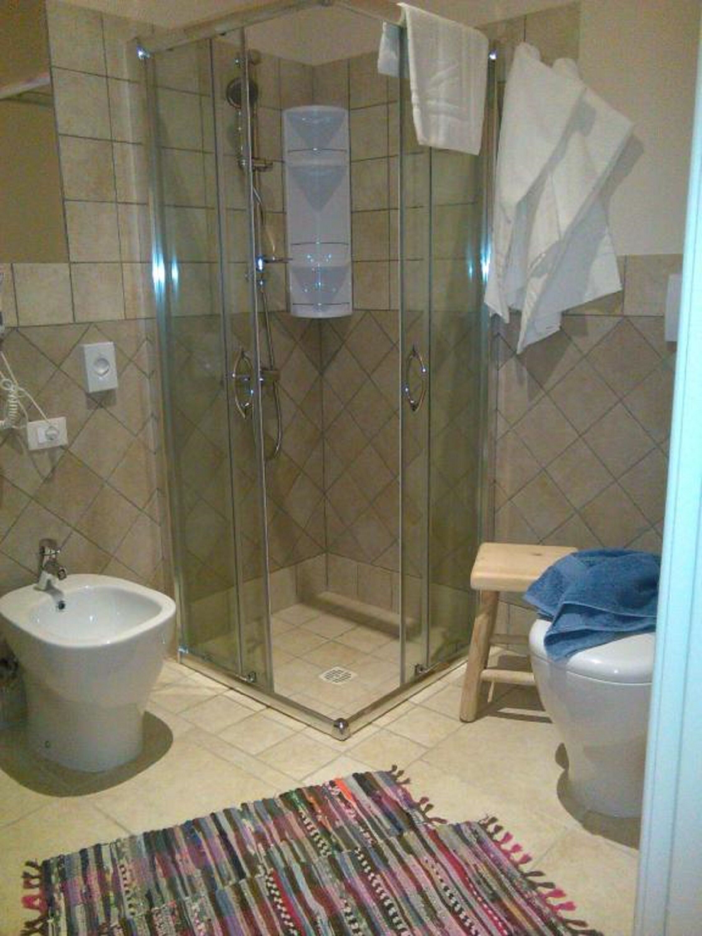 A bathroom with a glass-enclosed shower, a sink, a toilet, and a patterned rug on the floor.