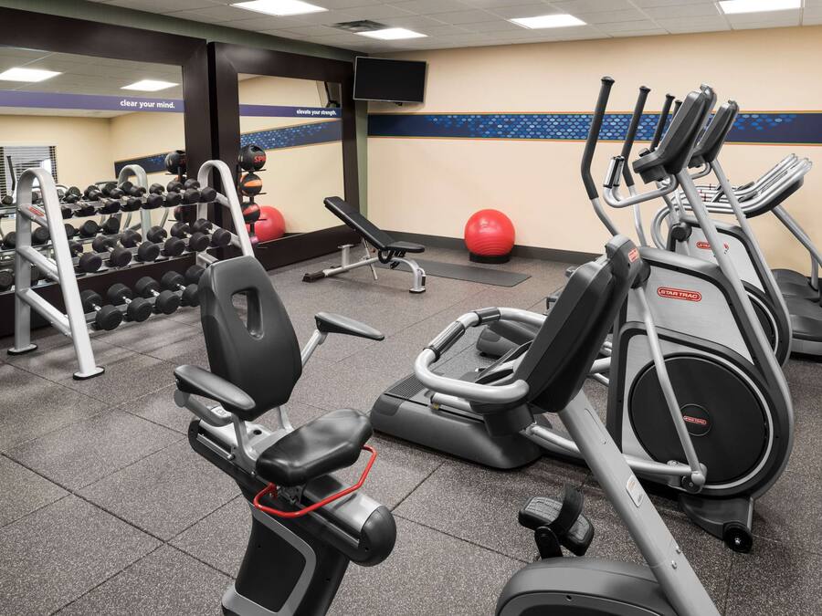 Un gimnasio con equipo de ejercicio variado, incluyendo cintas de correr, una banca y mancuernas.
