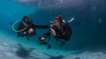 Two divers underwater, equipped with scuba gear, in a clear blue aquatic environment.
