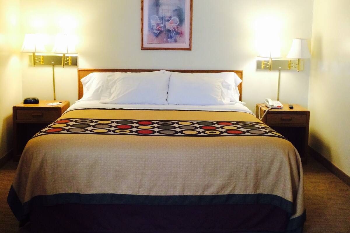 Quarto de hotel com uma cama, duas mesas de cabeceira com luminárias, um quadro na parede e piso coberto por carpete.