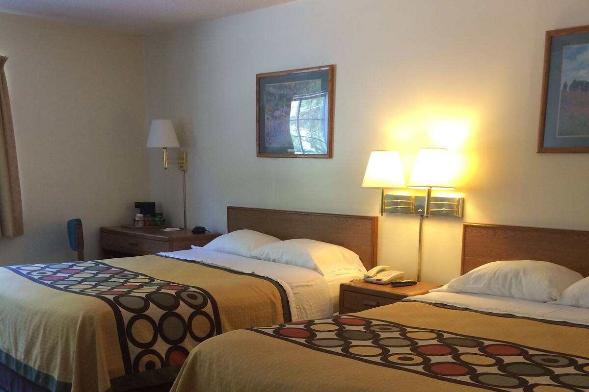 Quarto de hotel com duas camas, cada uma com colcha estampada, uma mesa de cabeceira com abajur e um quadro na parede.
