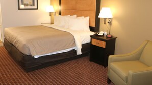 Habitación de hotel con una cama grande, dos lámparas de noche, una mesita de noche con un teléfono y una silla.