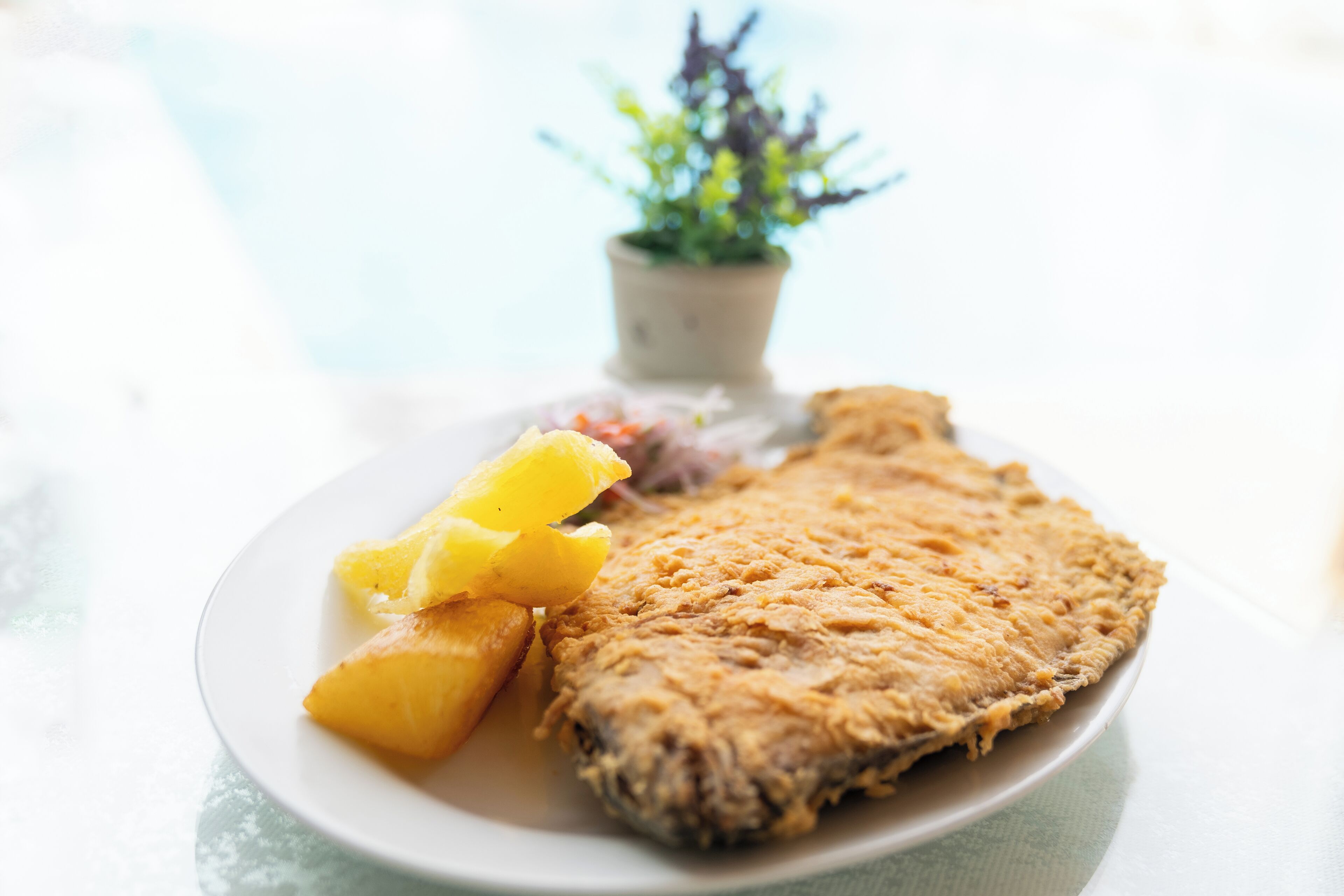 A plate with a fried fish, pineapple chunks, and a small salad.