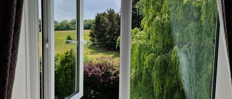 An open window with a view of a lush garden, including a weeping willow tree and various shrubs.