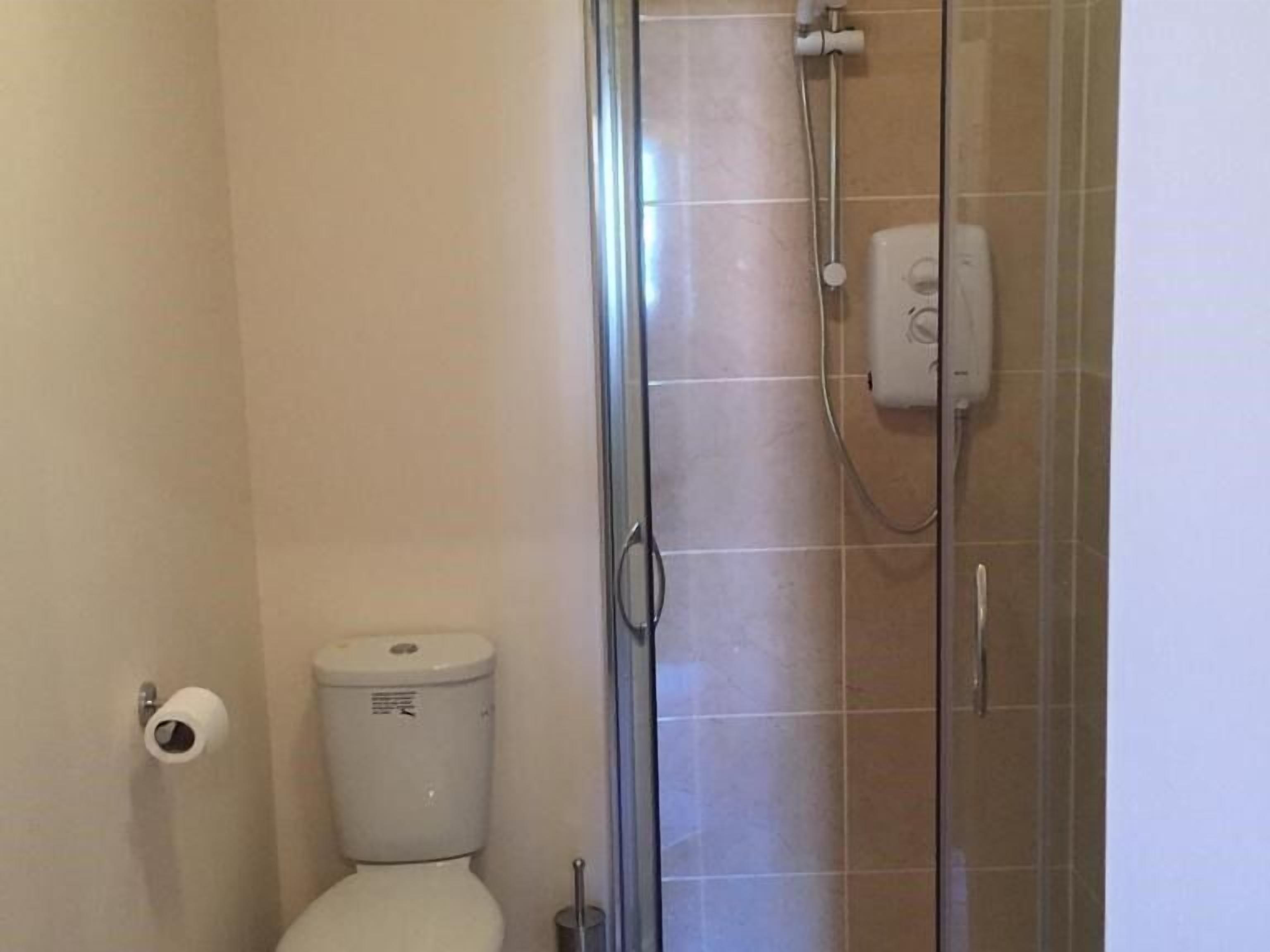 A bathroom with a toilet, a shower enclosure, and a toilet paper holder.