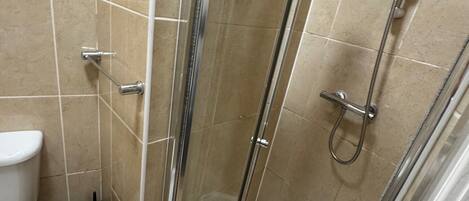 A glass-enclosed shower stall with a toilet and bidet to the left.