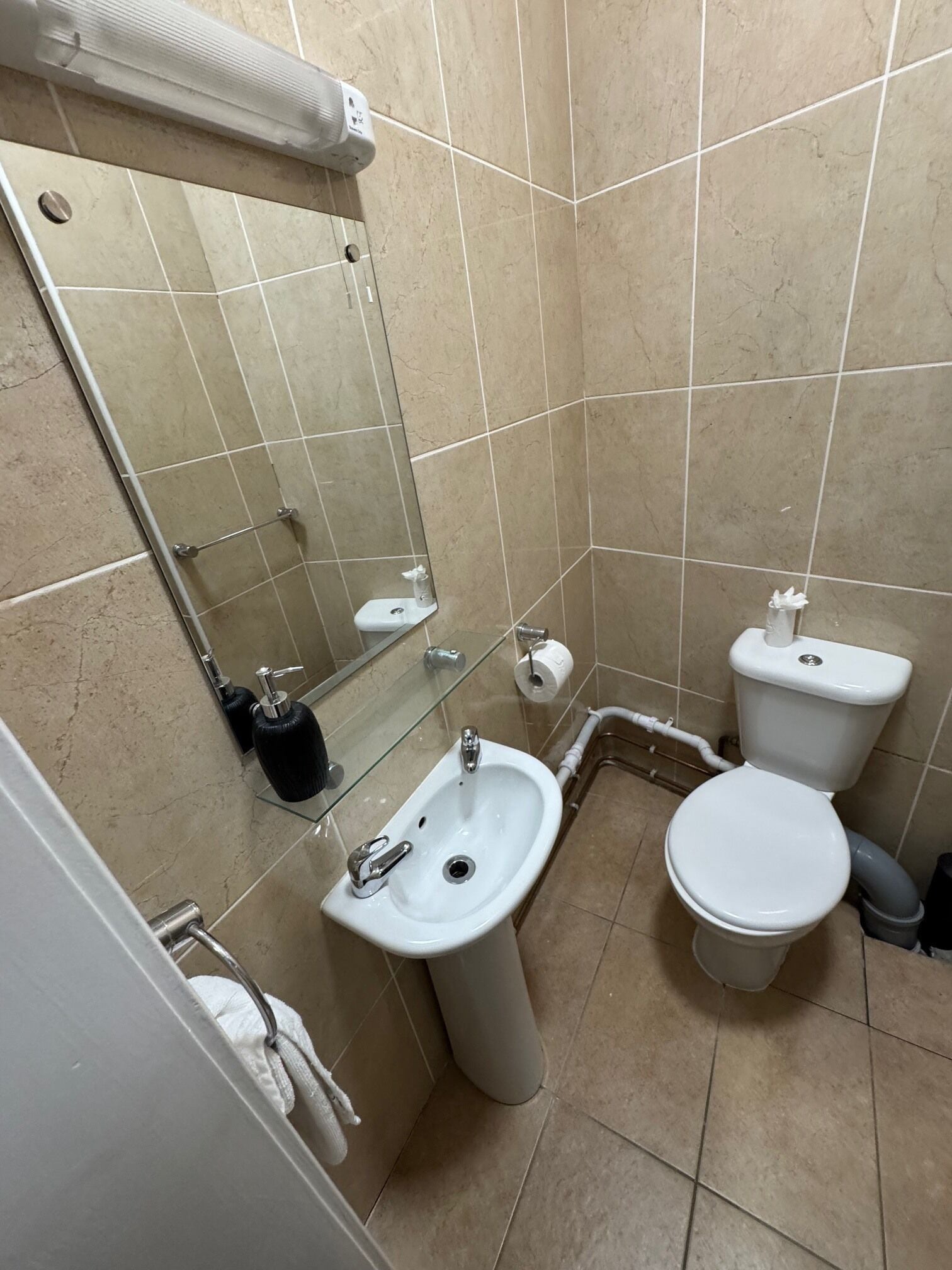 A bathroom with a sink, toilet, and mirror.