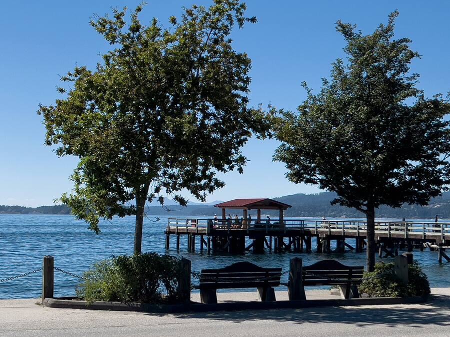 Un parque junto al lago con un muelle de madera, bancos y un pabellón.