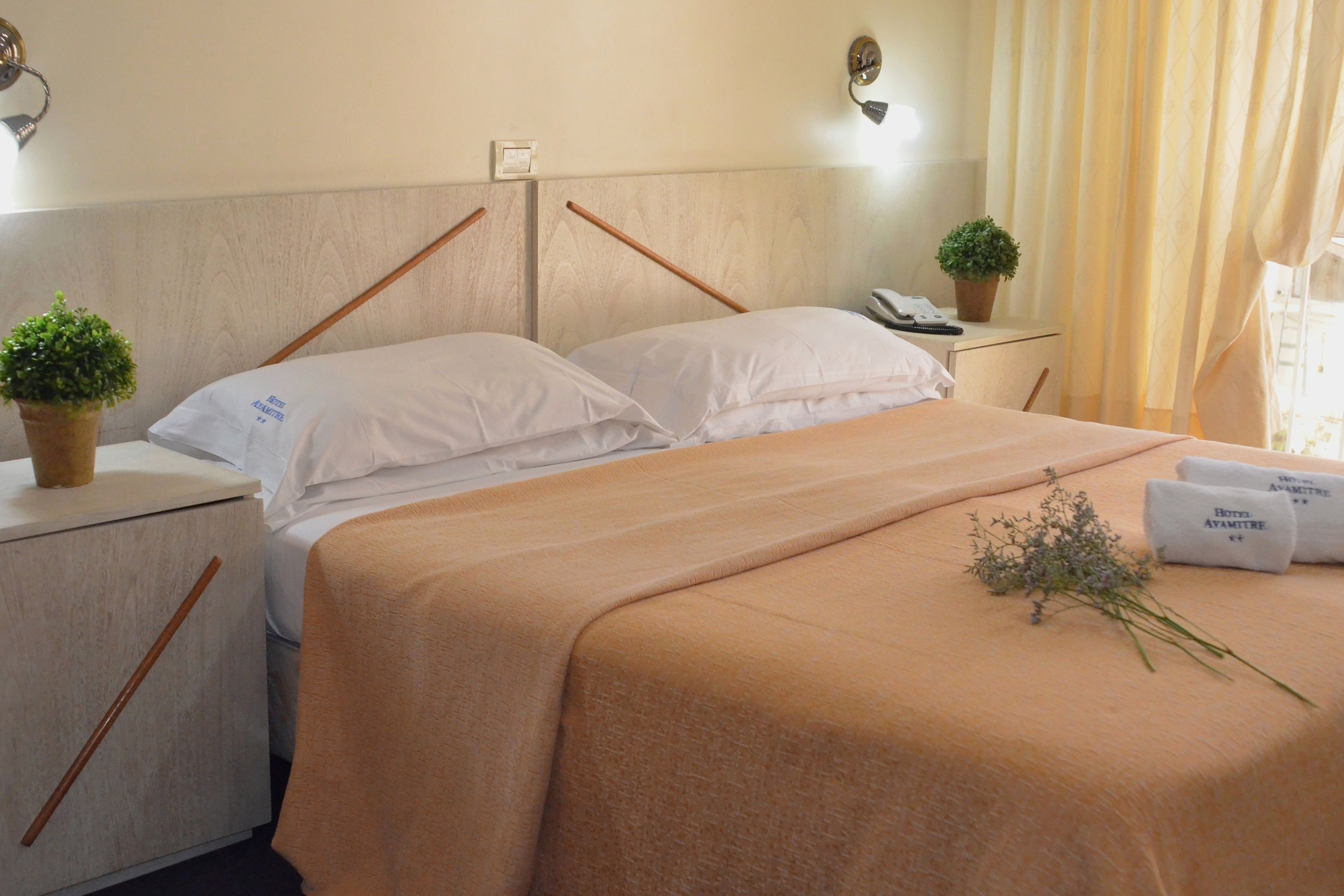 A neatly made bed with a beige headboard, a bedside table with a lamp, and a small potted plant.