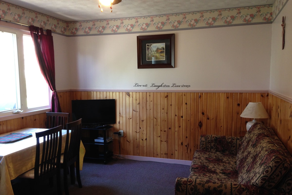 Un salón con un revestimiento de madera, un cuadro enmarcado, un televisor, un sofá y una mesa de comedor con sillas.