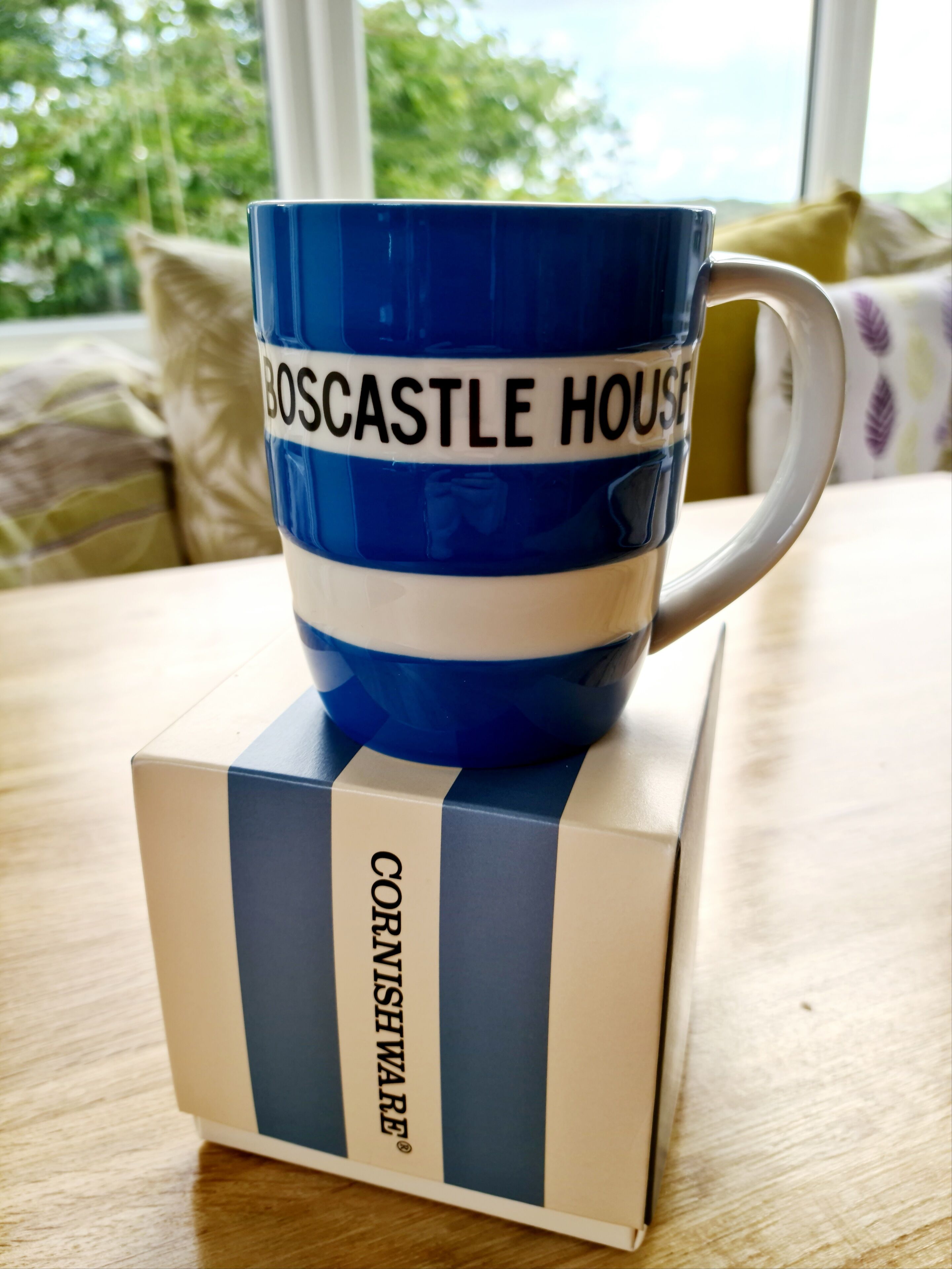 Una taza azul y blanca con el texto "BOSCASTLE HOUSE", sobre una caja etiquetada "CORNISHWARE".
