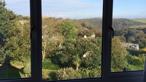 A view through a window of a landscape with hills, trees, and a few buildings. - Boscastle House (Boscastle)