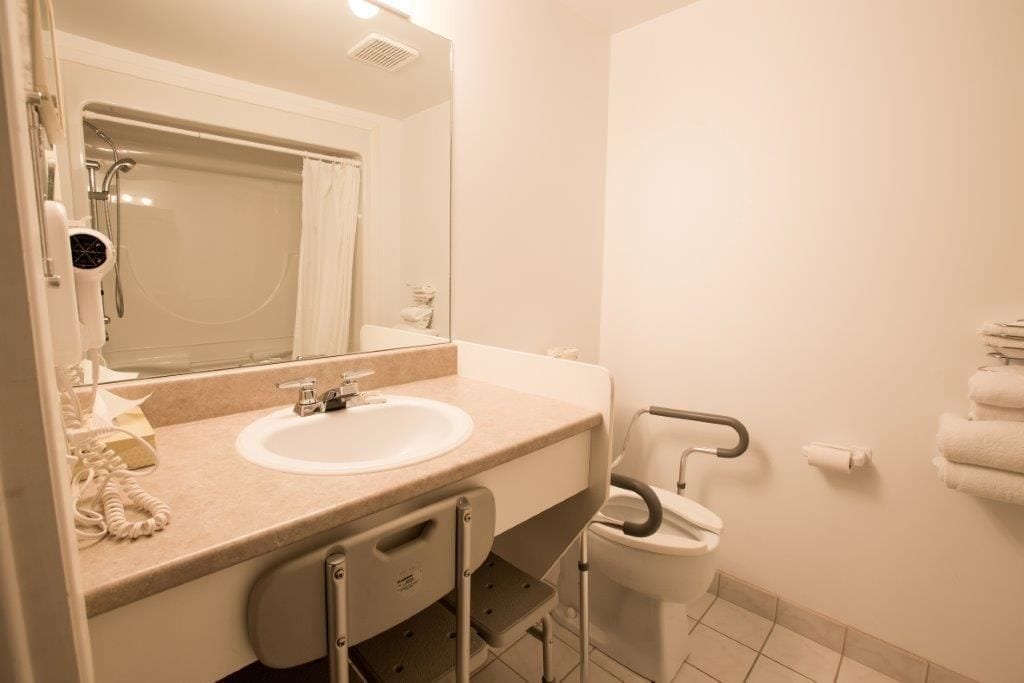 Un baño con lavamanos, espejo e inodoro.
