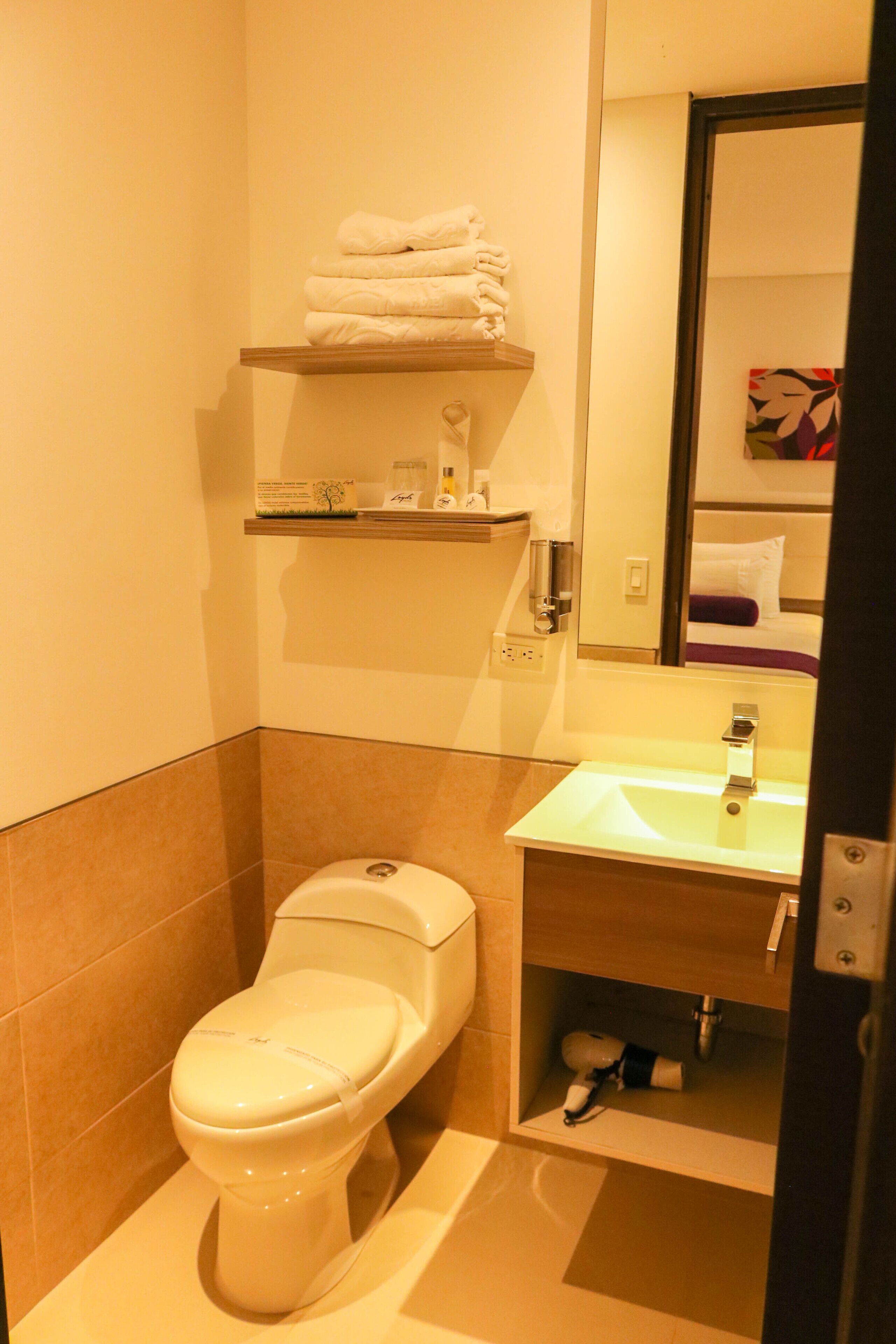 A bathroom with a toilet, a sink, and a shelf with toiletries.