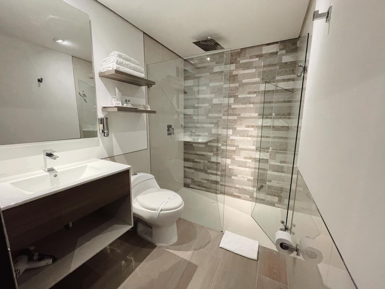 premium room | bathroom | shower, hair dryer, towels