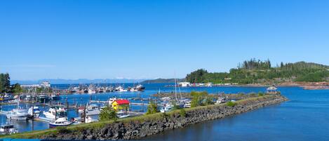 A marina with boats docked, a small house with a red roof, and a rocky shoreline with trees.