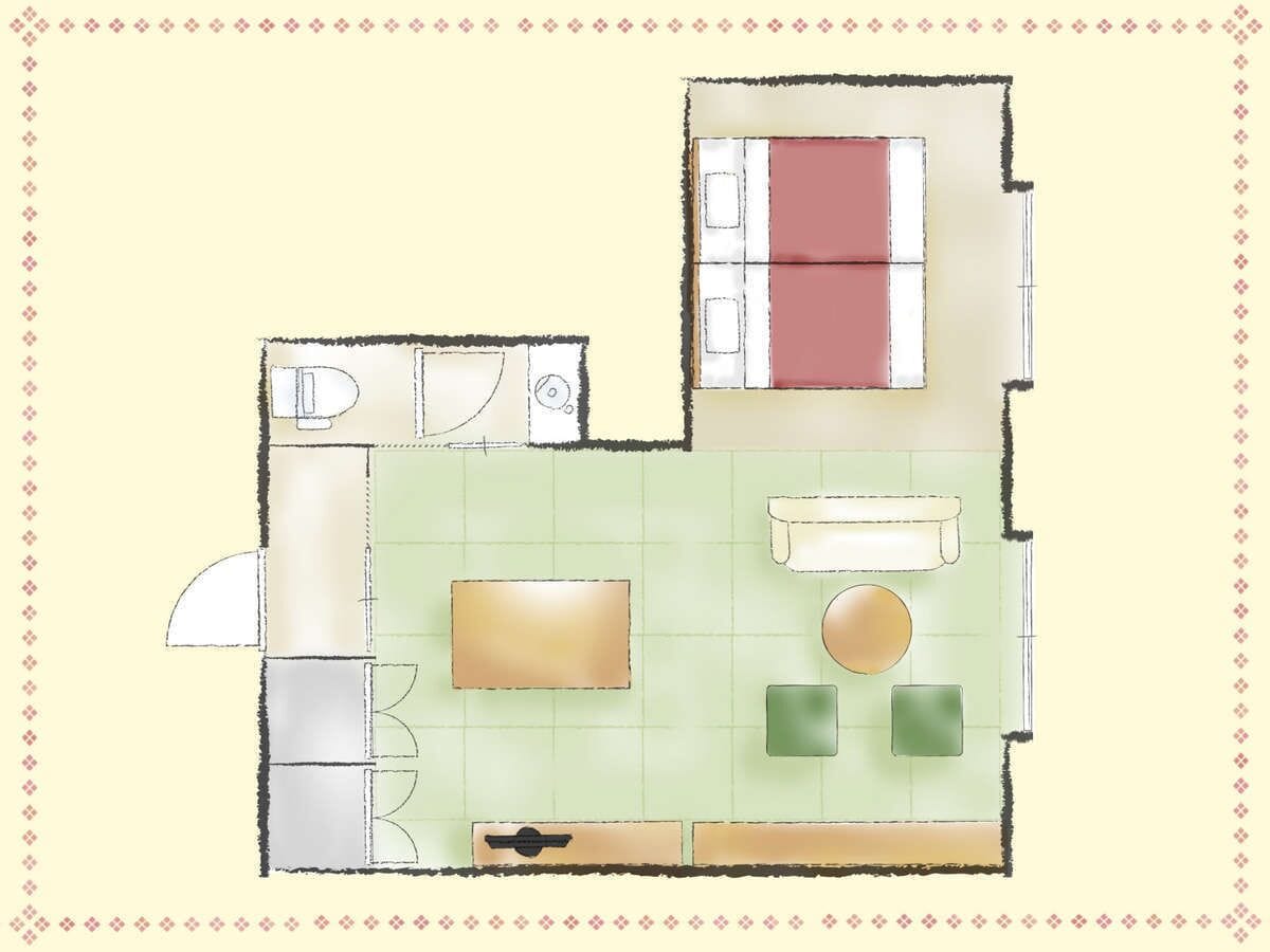 Plano de un cuarto con cama, escritorio, silla, pequeña mesa y sofá.