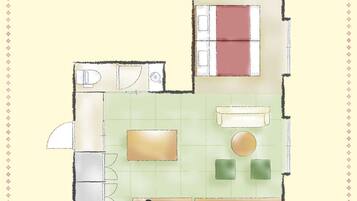 Plano de un cuarto con cama, escritorio, silla, pequeña mesa y sofá.
