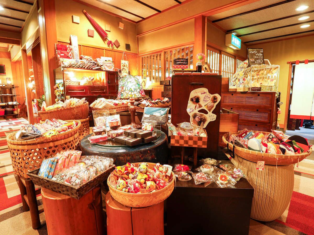 A gift shop with various baskets and boxes of souvenirs.