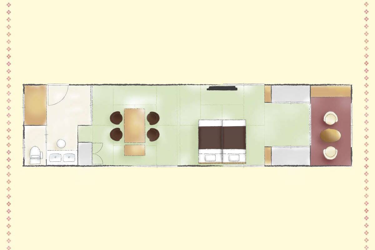 A floor plan of a hotel room with a bed, a desk, a chair, a small table, and a window.