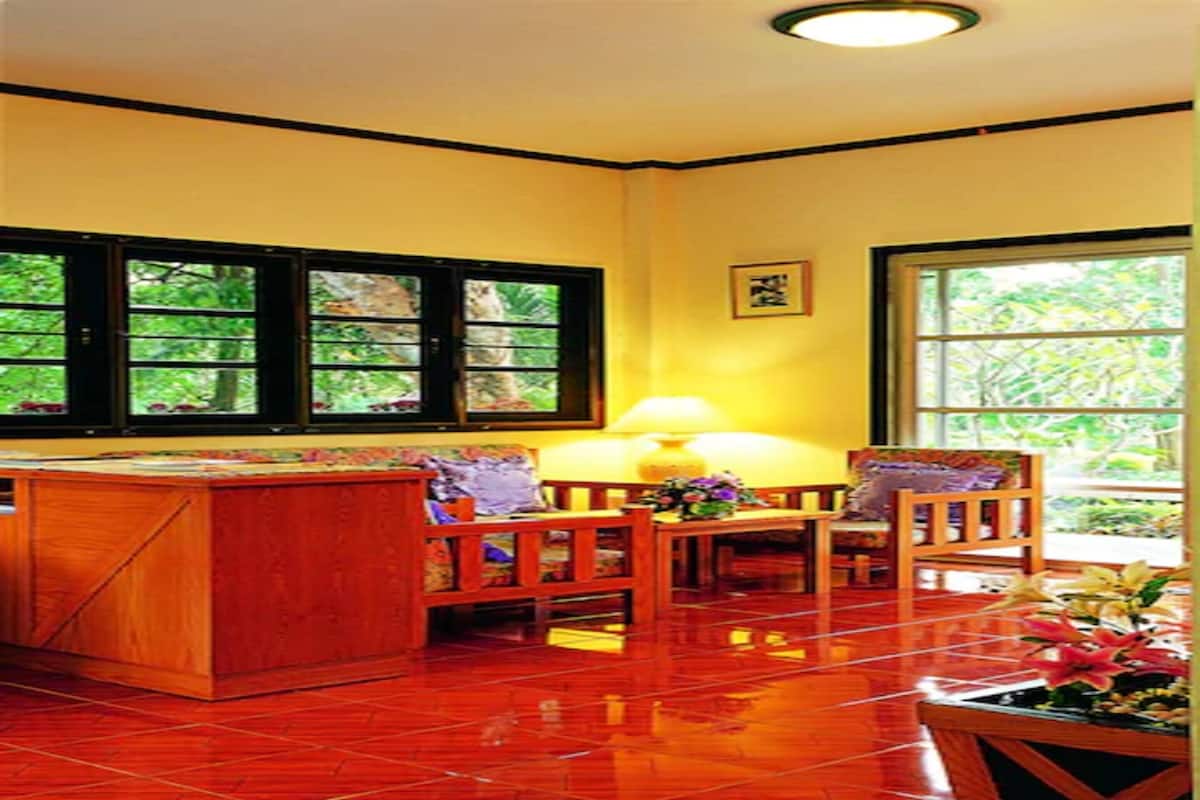 A room with a wooden desk, two chairs, a table with a lamp, and large windows with a view of greenery.