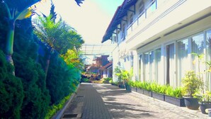 A paved pathway flanked by lush greenery and buildings with large windows.