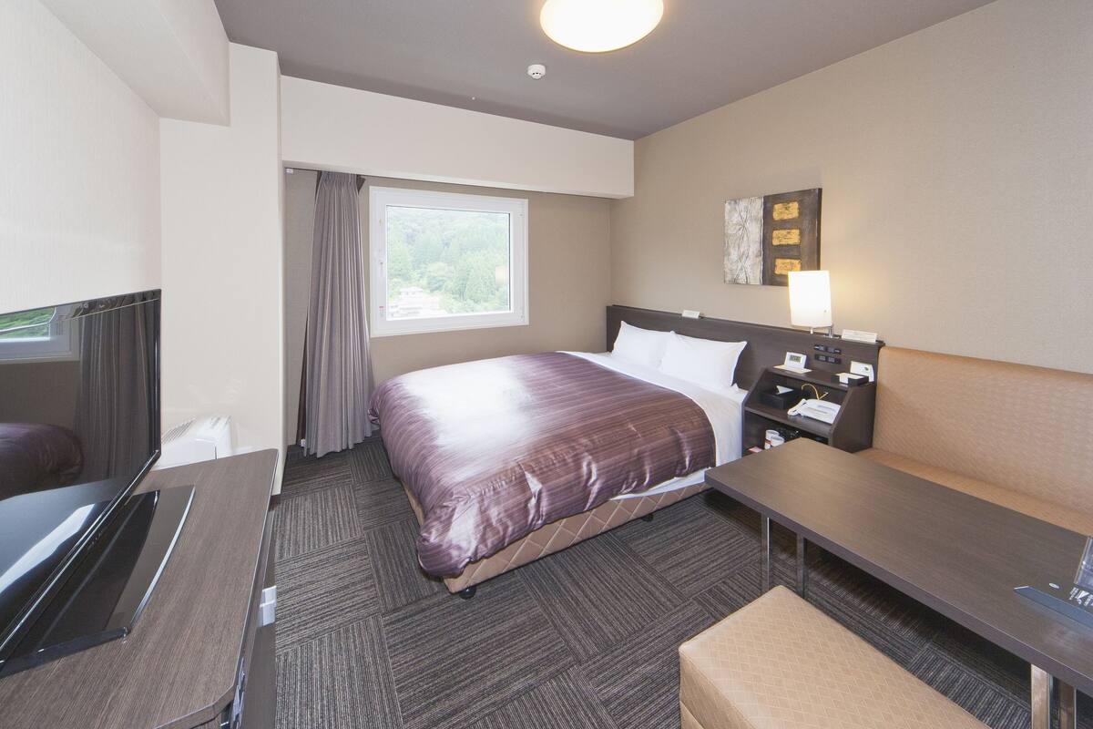 Une chambre d’hôtel avec un lit, un bureau, une télévision, une table de chevet et une fenêtre.