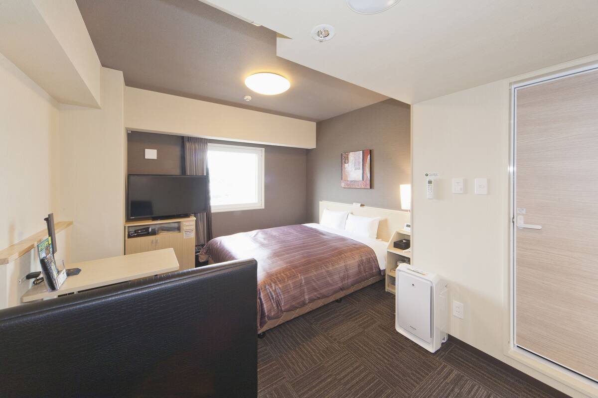 Une chambre d’hôtel avec un lit, un bureau avec un ordinateur, une télévision, un petit réfrigérateur et une porte.