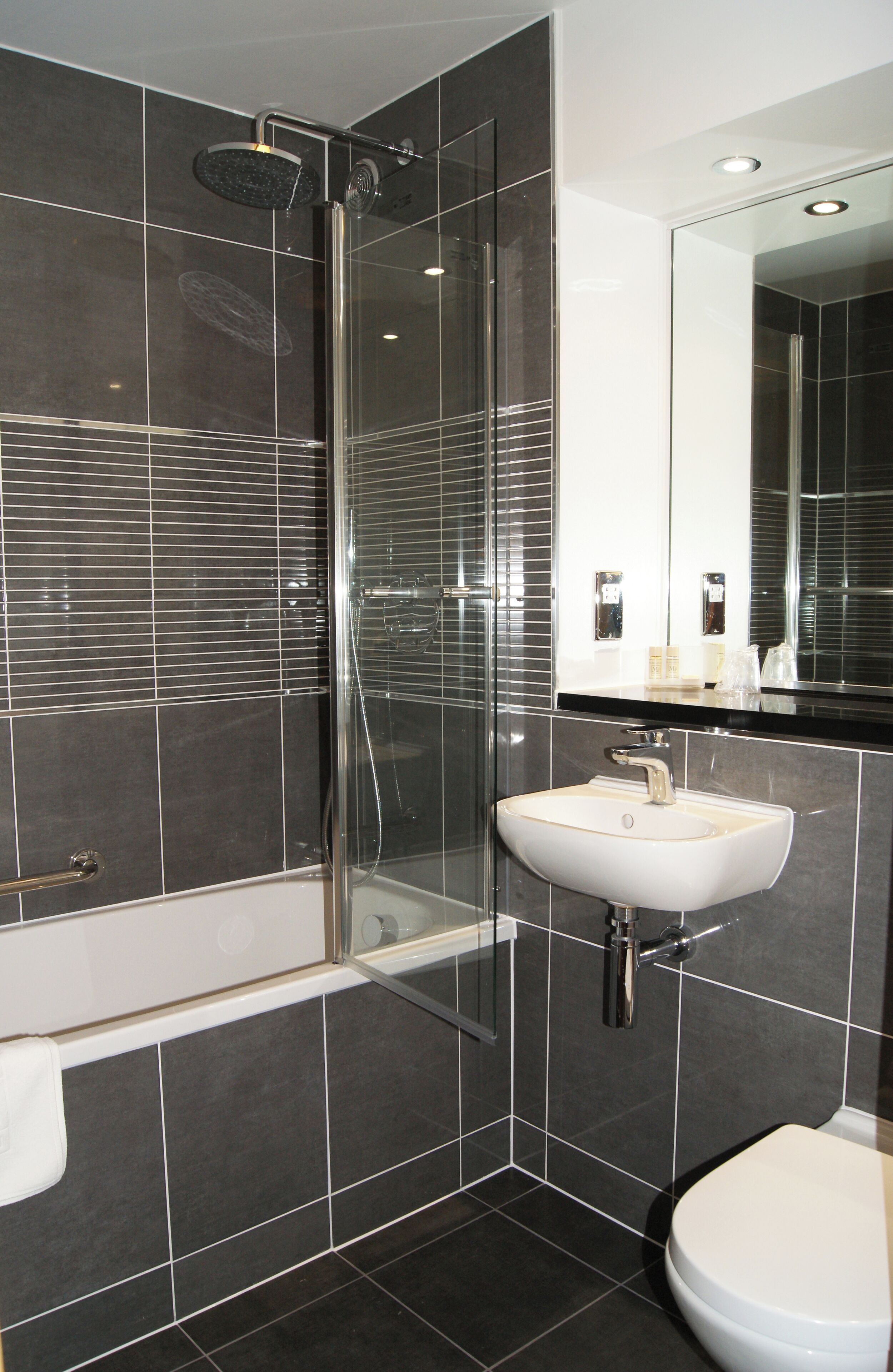 A modern bathroom with a glass-enclosed shower, a white sink, and a toilet.