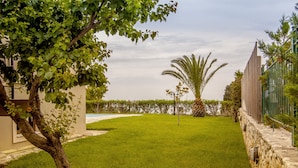 A well-maintained lawn with a stone wall and a wooden fence.