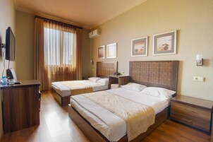 Een hotelkamer met twee bedden, een bureau, een televisie en een raam met gordijnen.