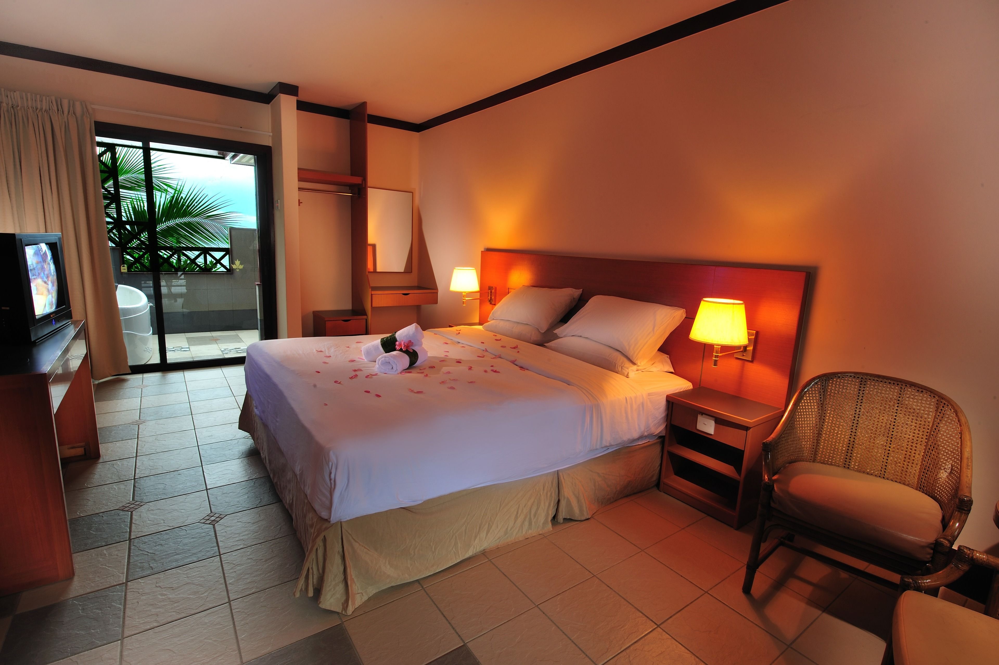 A hotel room with a bed, a chair, a TV, and a balcony with a palm tree.