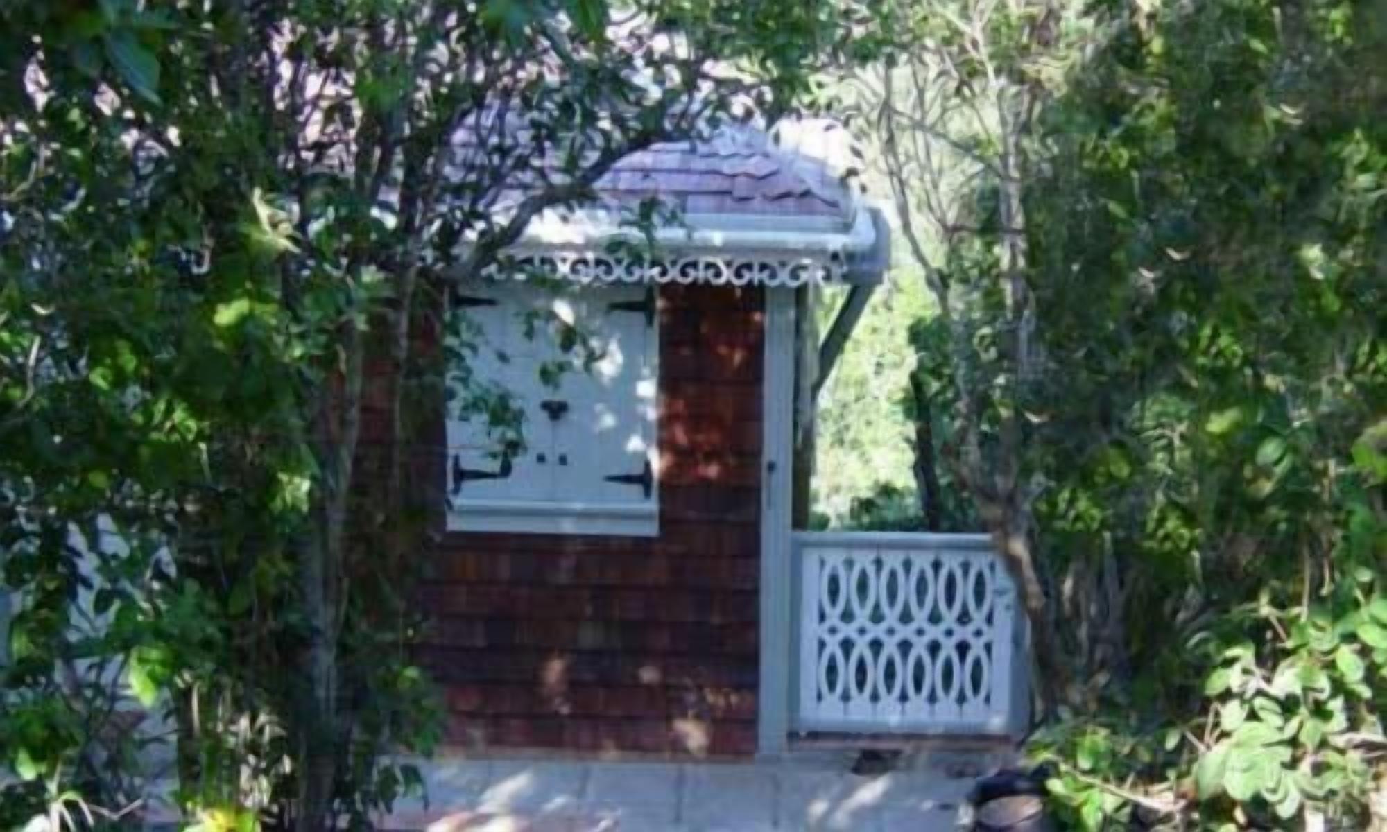 A small wooden cabin with a white door and a decorative window grille, surrounded by dense foliage.
