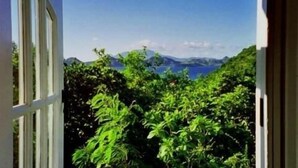 A view through a doorway with a lush green garden and a distant mountain range. - Fire Fly Cottage (Westbury)