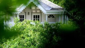 A house with a gabled roof, surrounded by lush greenery. - Fire Fly Cottage (Westbury)