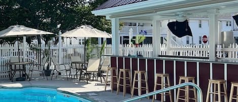 Seasonal outdoor pool, open 10:00 AM to 8:00 PM, sun loungers