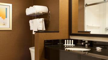 A modern bathroom with a toilet, sink, and mirror.