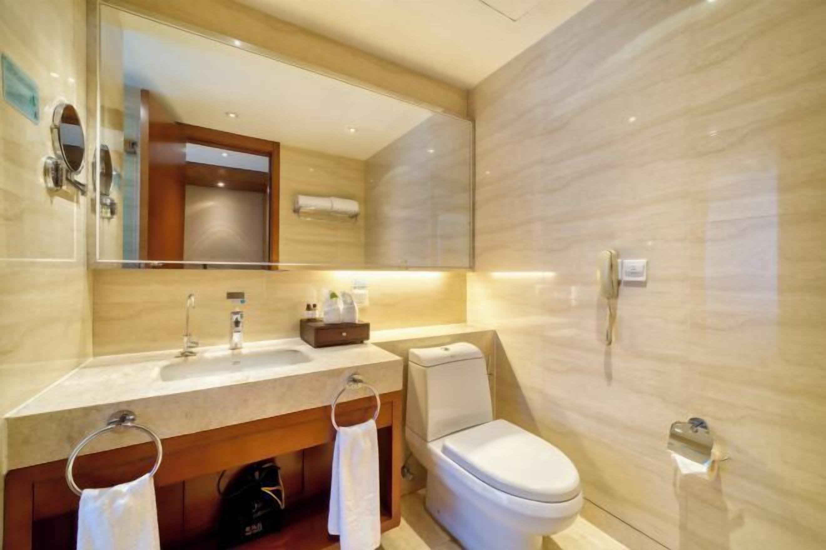 A modern bathroom with a marble vanity, a toilet, and a large mirror.