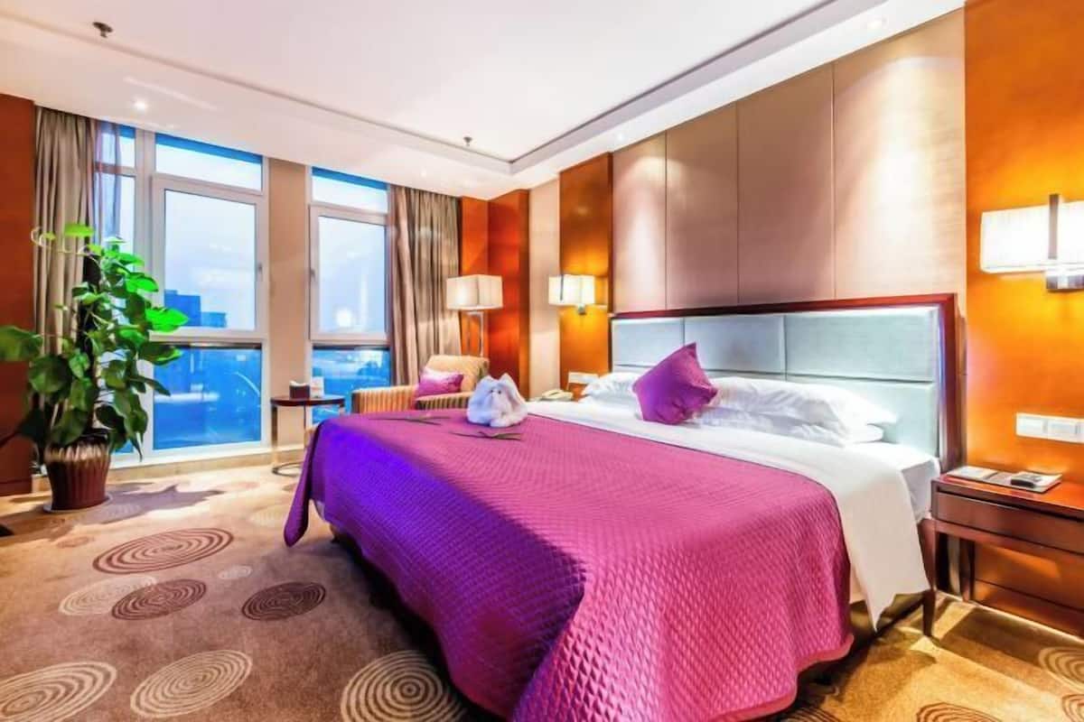Hotelkamer met een groot bed, een nachtkastje, een lamp, een plant en uitzicht op de stad door grote ramen.